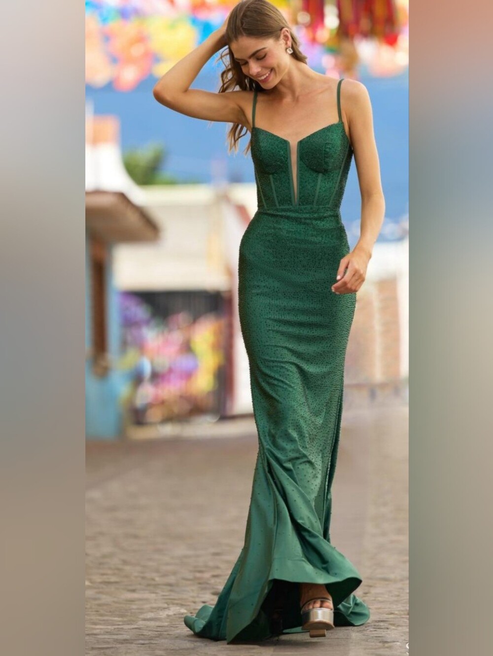 Sherri Hill Emerald Green Beaded Maxi Gown
